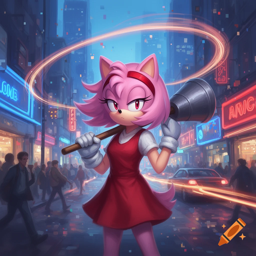 Amy Rose, a pink hedgehog character, stands in a neon-lit city street, holding a large hammer, rendered in a vibrant digital art style.