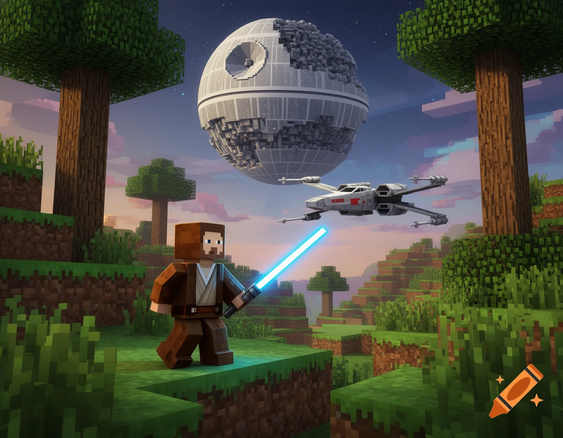 Minecraft-style Obi-Wan Kenobi with a lightsaber, an X-Wing, and the Death Star above a blocky landscape.