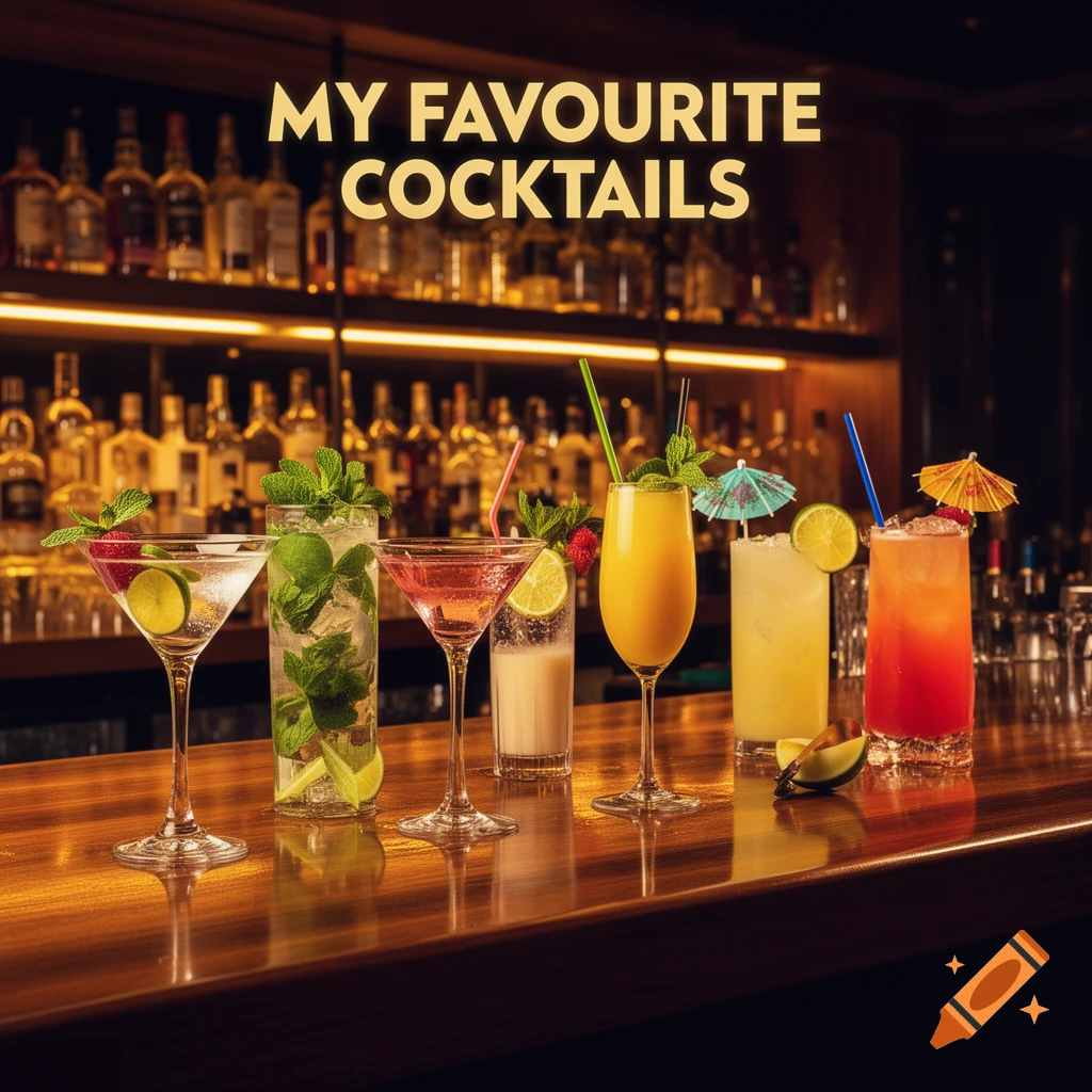 Colorful cocktails with garnishes on a polished bar in an upscale night bar setting. Text reads 'MY FAVOURITE COCKTAILS'.
