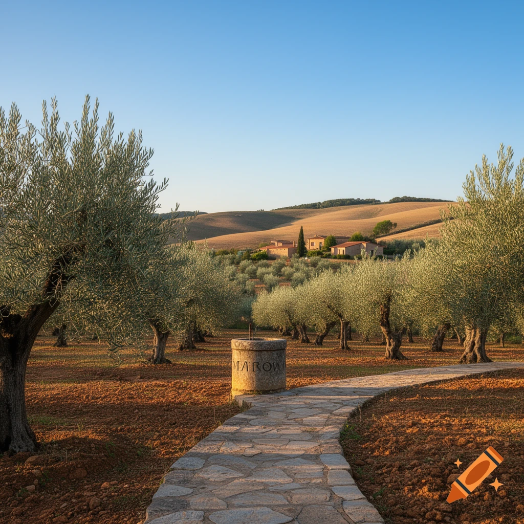 A stone path leads through an olive grove towards a distant house in a sunlit Tuscan landscape.