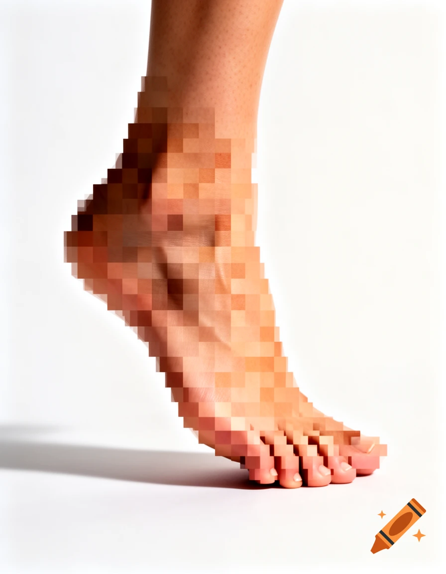 A close-up, photorealistic image of a pixelated human foot on a white background, standing on its toes.