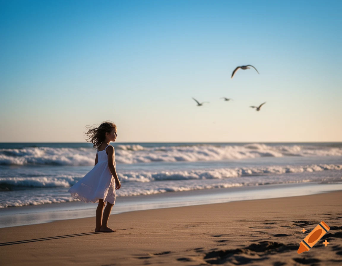 A young girl in a white dress stands barefoot on a sandy beach, looking at the ocean with waves and birds flying under a clear sky.