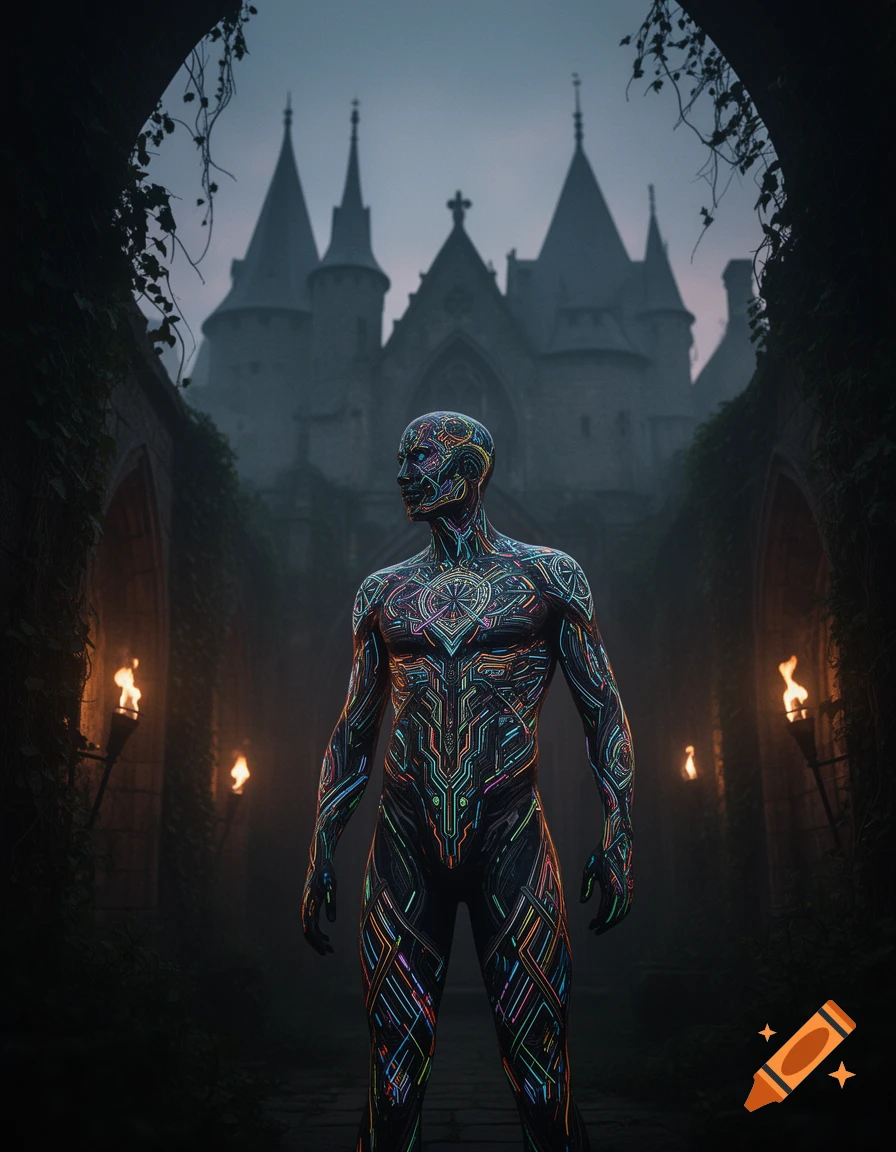 A cybernetic figure with colorful circuit patterns stands in a dark, overgrown gothic castle courtyard illuminated by torches.
