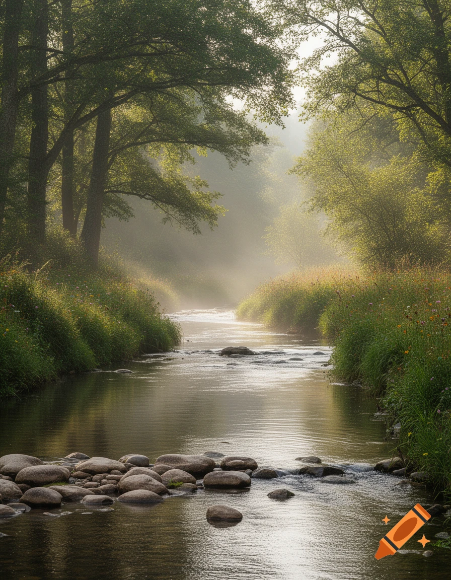 A photorealistic image of a winding stream with rocks flowing through a misty, sunlit forest.