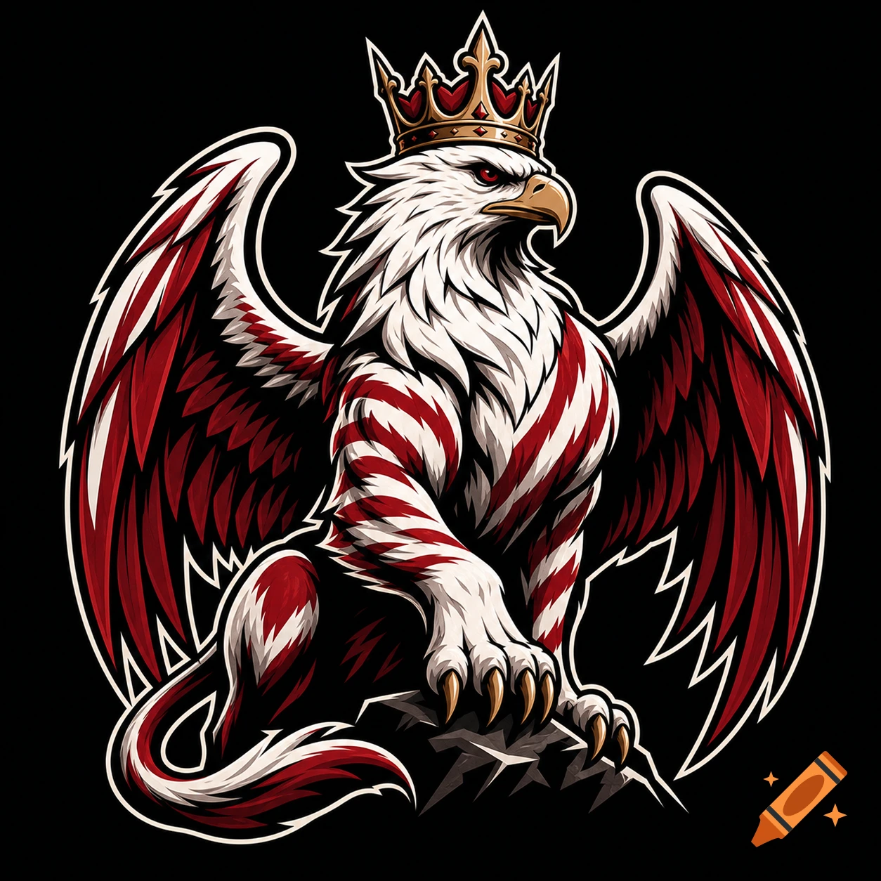 A proud, aggressive griffin wearing a golden crown, with a white and red striped body and red wings, in a sports logo style.