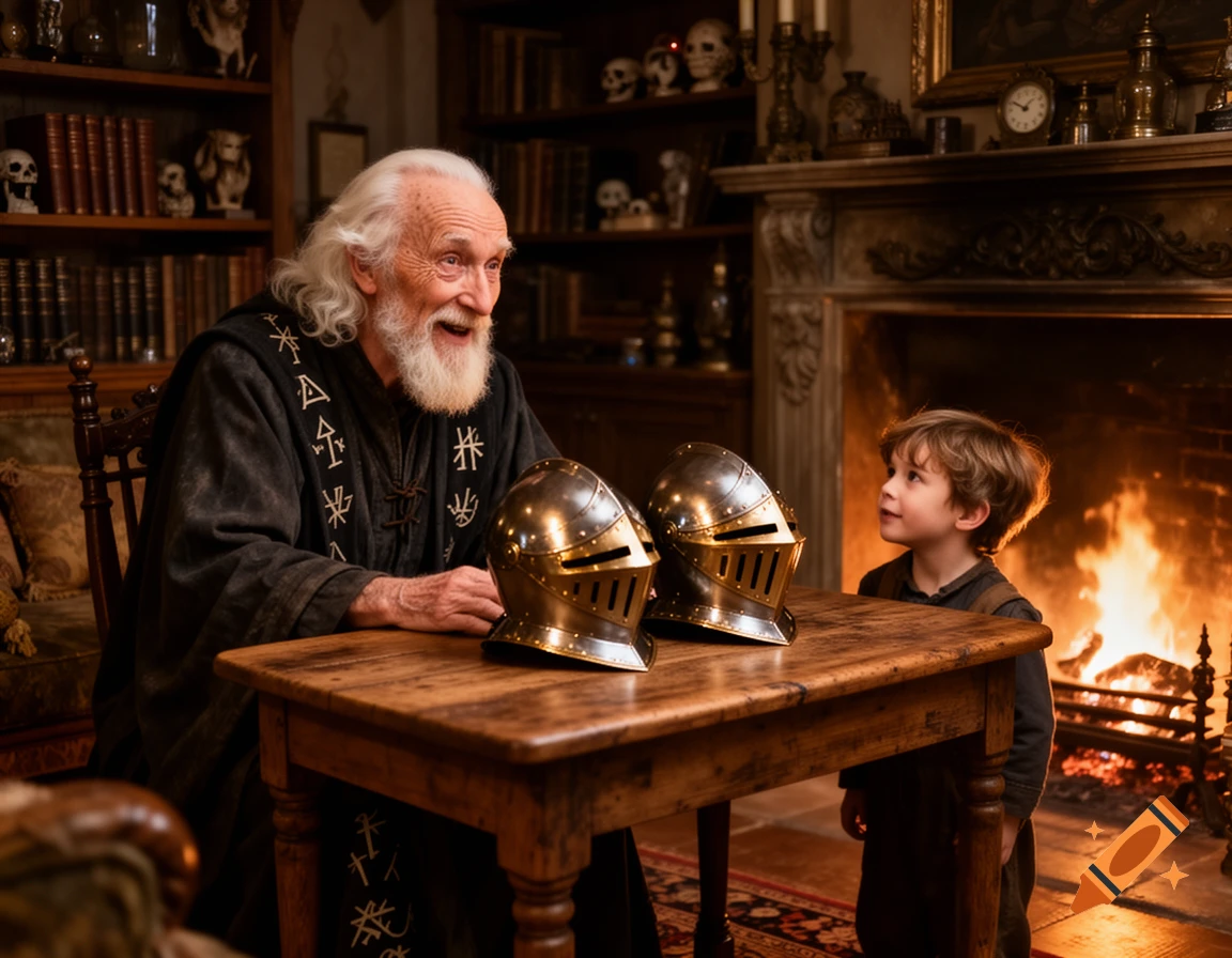 An old man with a white beard sits at a table with two knight helmets, smiling at a young boy in front of a fireplace.