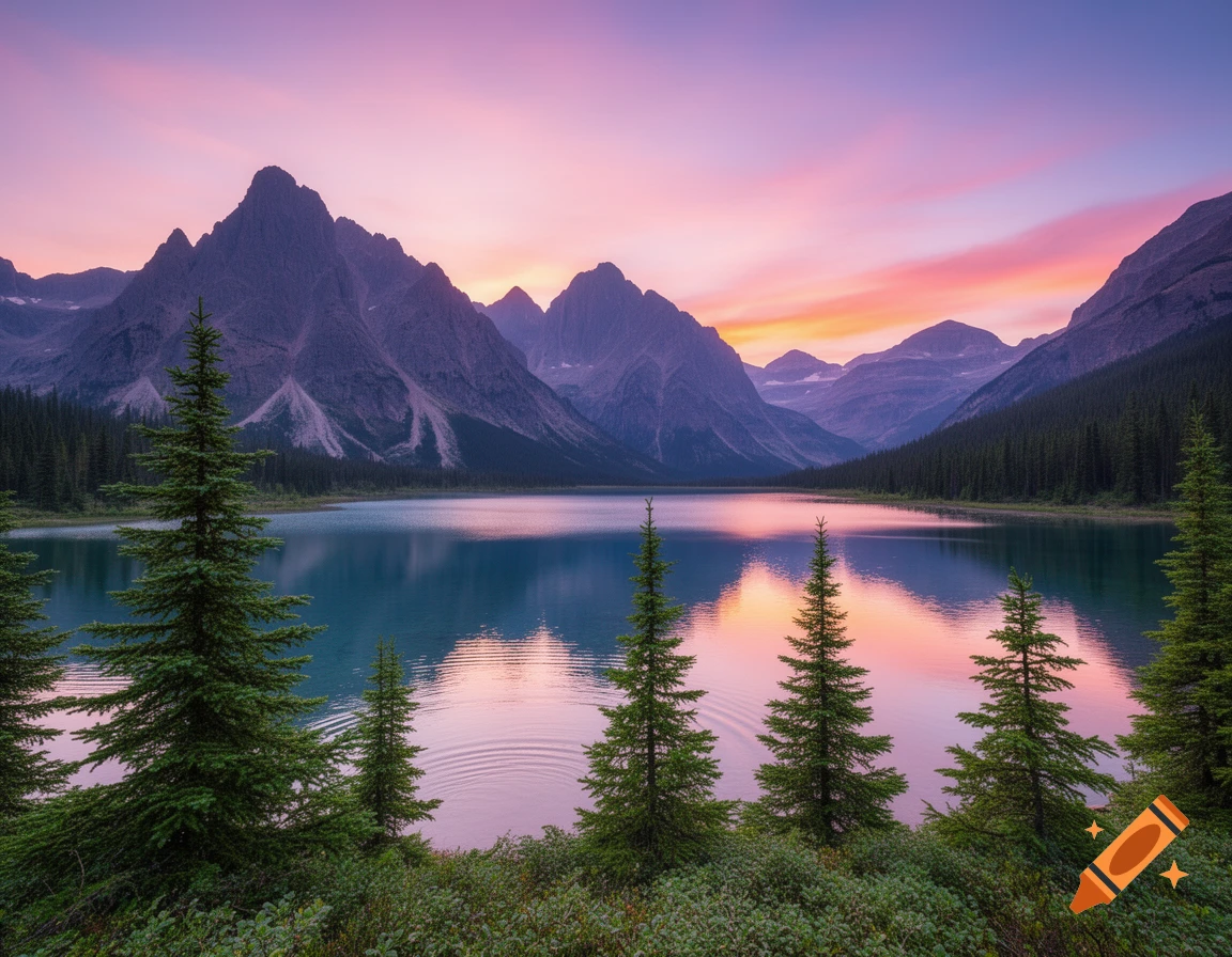 A serene mountain lake reflects a vibrant pink and orange sunset sky, flanked by dark, rugged mountains and evergreen trees.