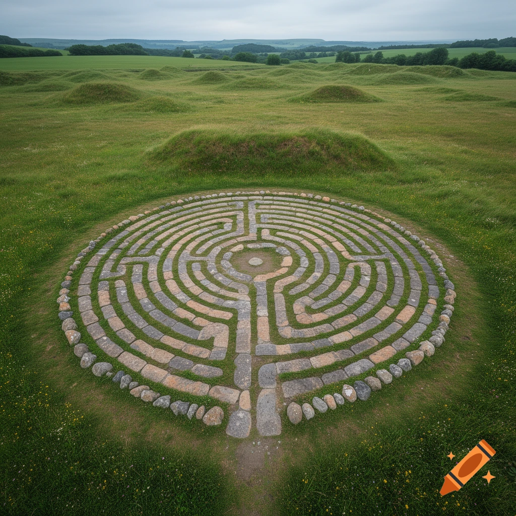 A circular stone labyrinth set in a lush green field with rolling hills under a cloudy sky.