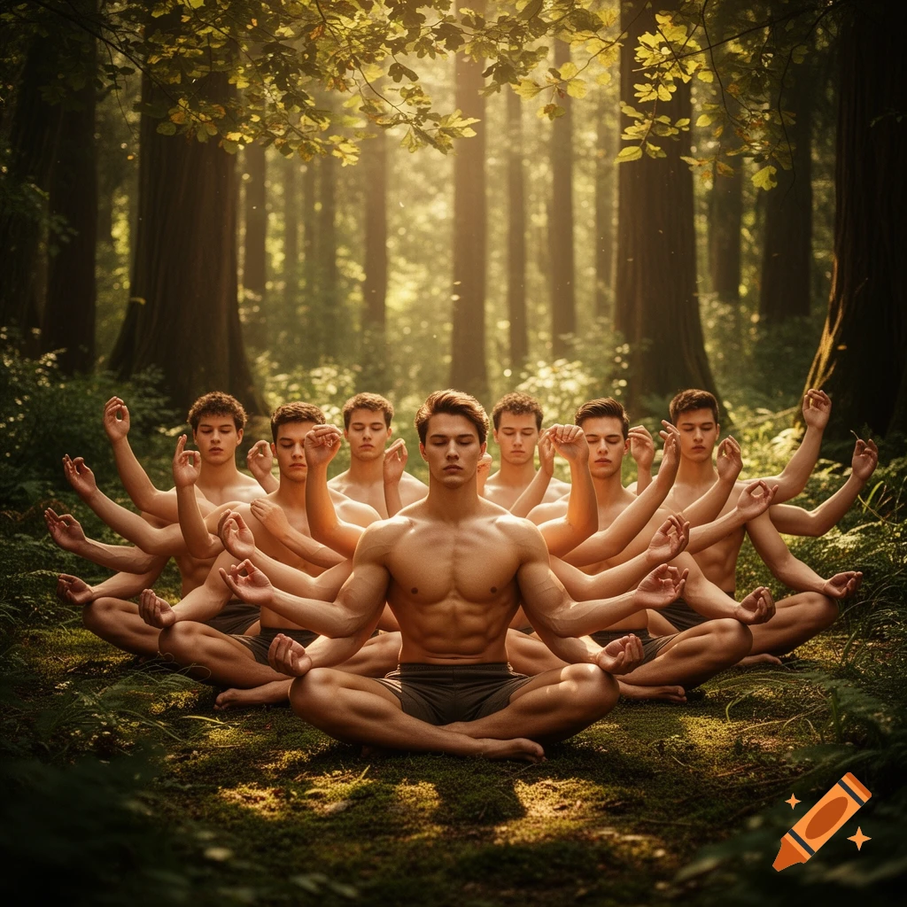 Muscular young men with multiple arms meditate in a lush, sunlit forest.