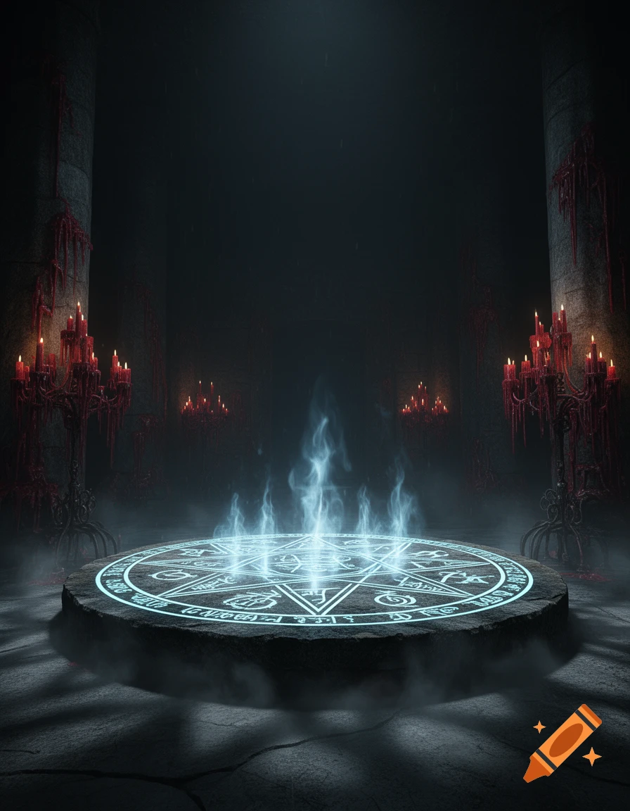 A dark, atmospheric scene with a glowing magic circle on a stone platform, surrounded by pillars and candelabras with red, dripping candles, emitting blue smoke.