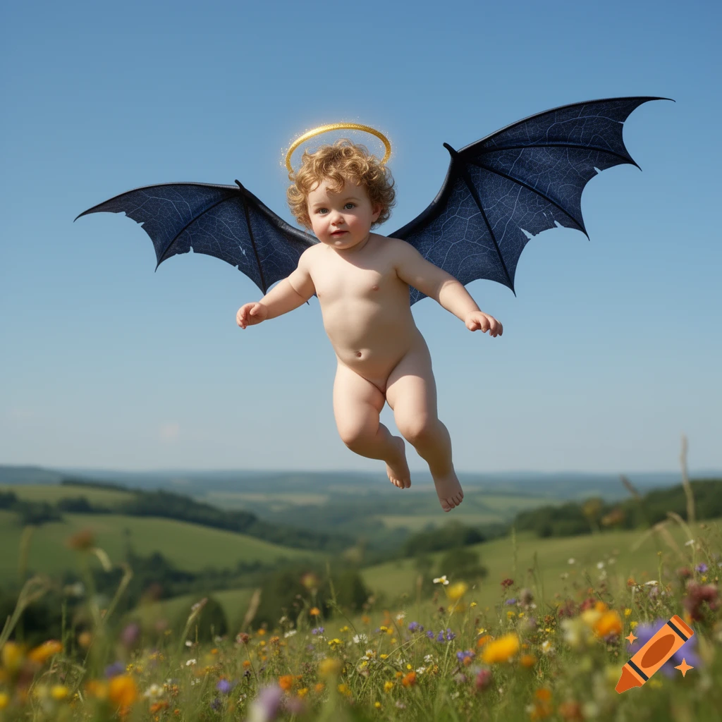 A photorealistic naked baby with curly hair, a golden halo, and dark bat wings floats above a vibrant wildflower meadow under a clear blue sky.