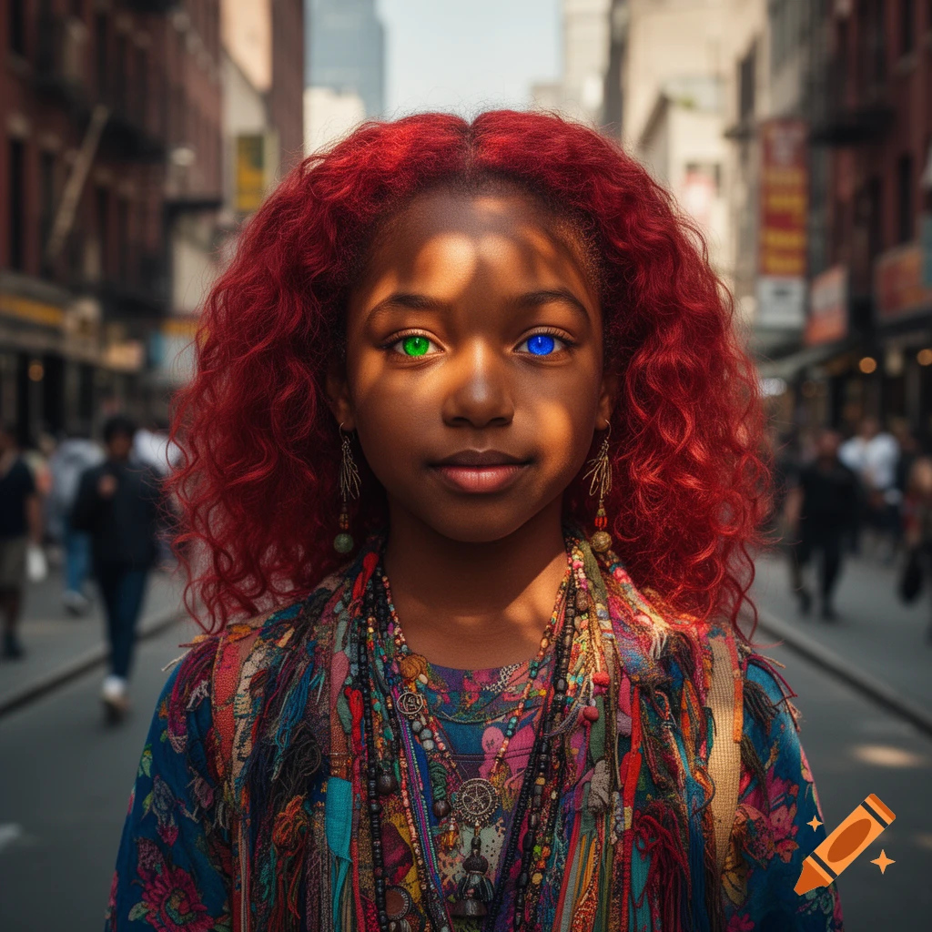 A Black girl with vibrant red curly hair and heterochromia (one green eye, one blue eye) stares forward in an urban setting.