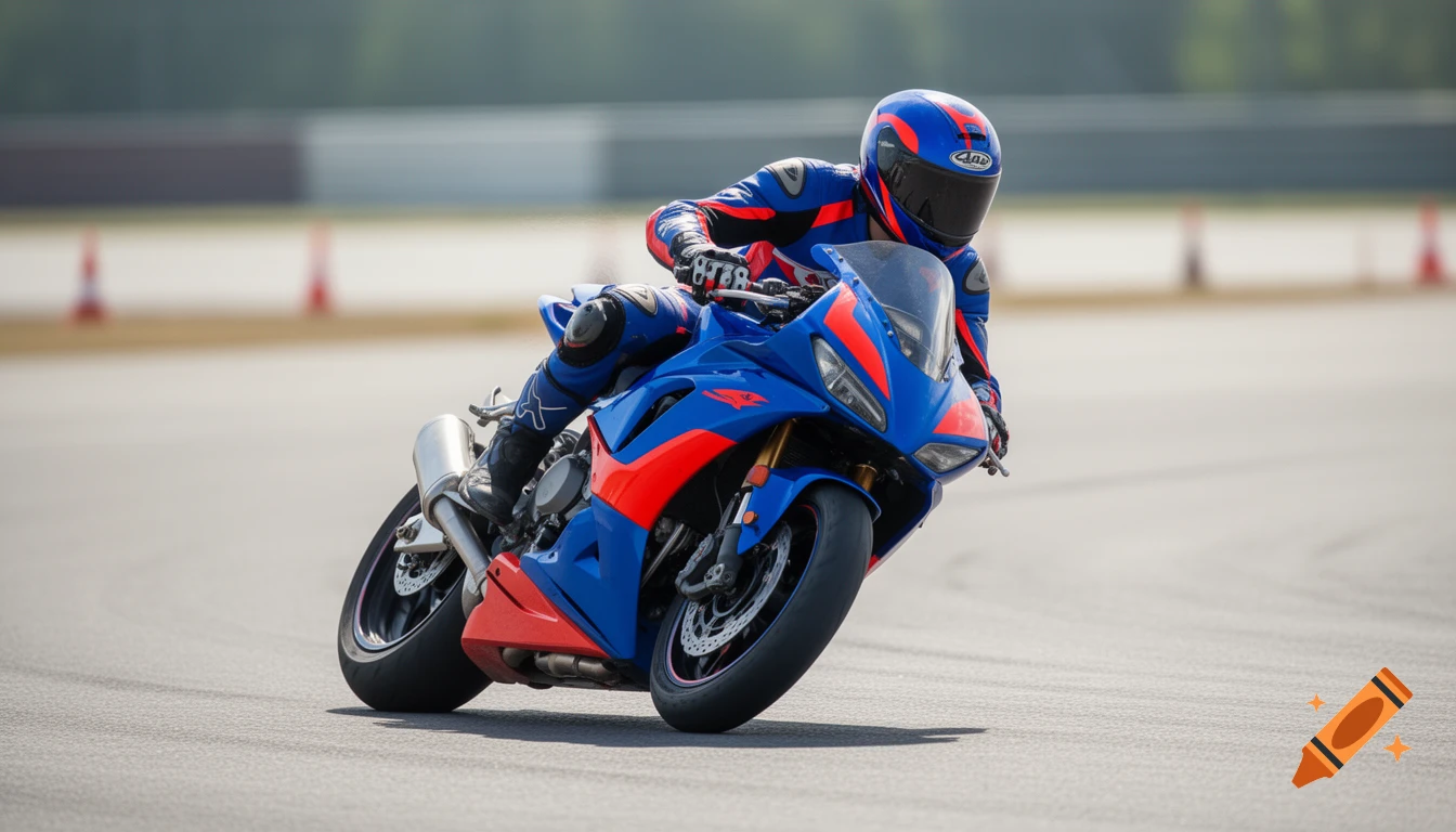 Motorcycle rider in a blue and red racing suit and helmet leaning into a turn on an asphalt track.