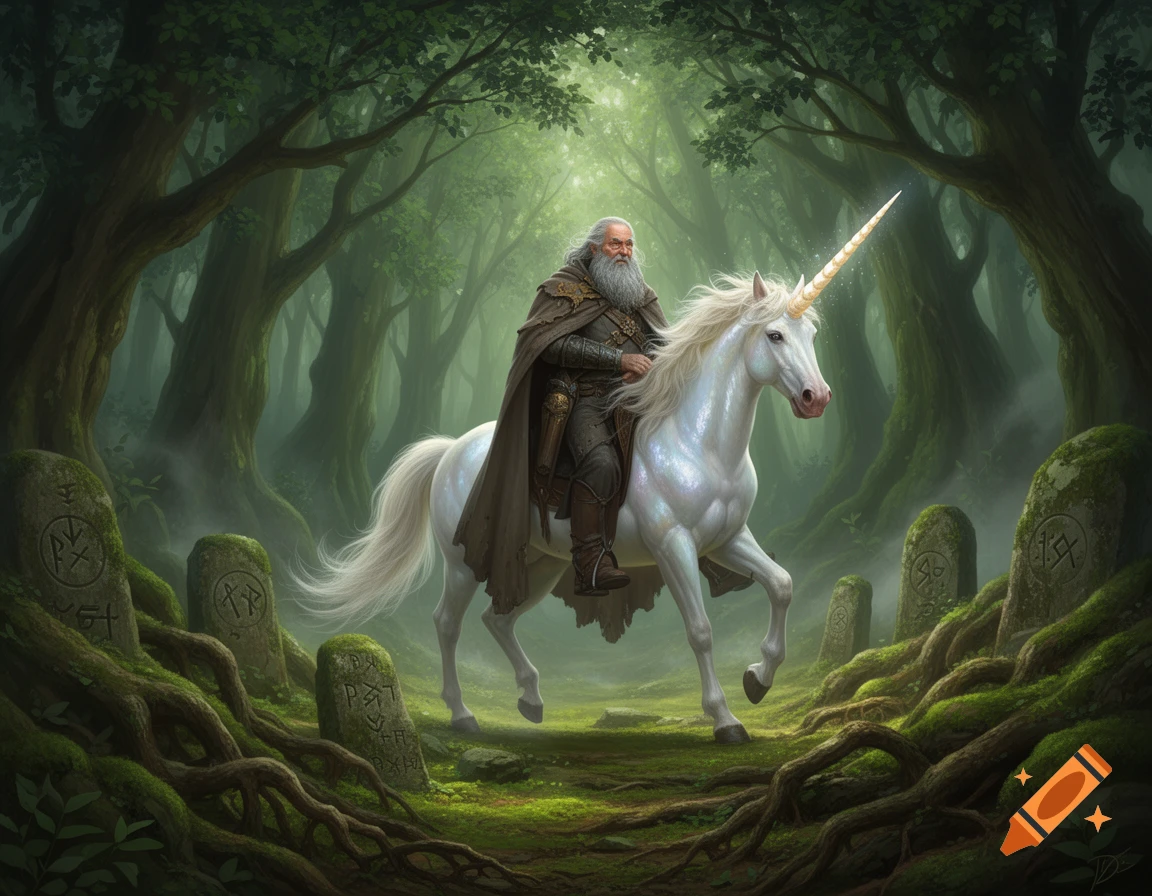 An old, bearded man in adventurer gear rides a shimmering white unicorn through a mystical forest with ancient moss-covered stone tablets and gnarled tree roots.