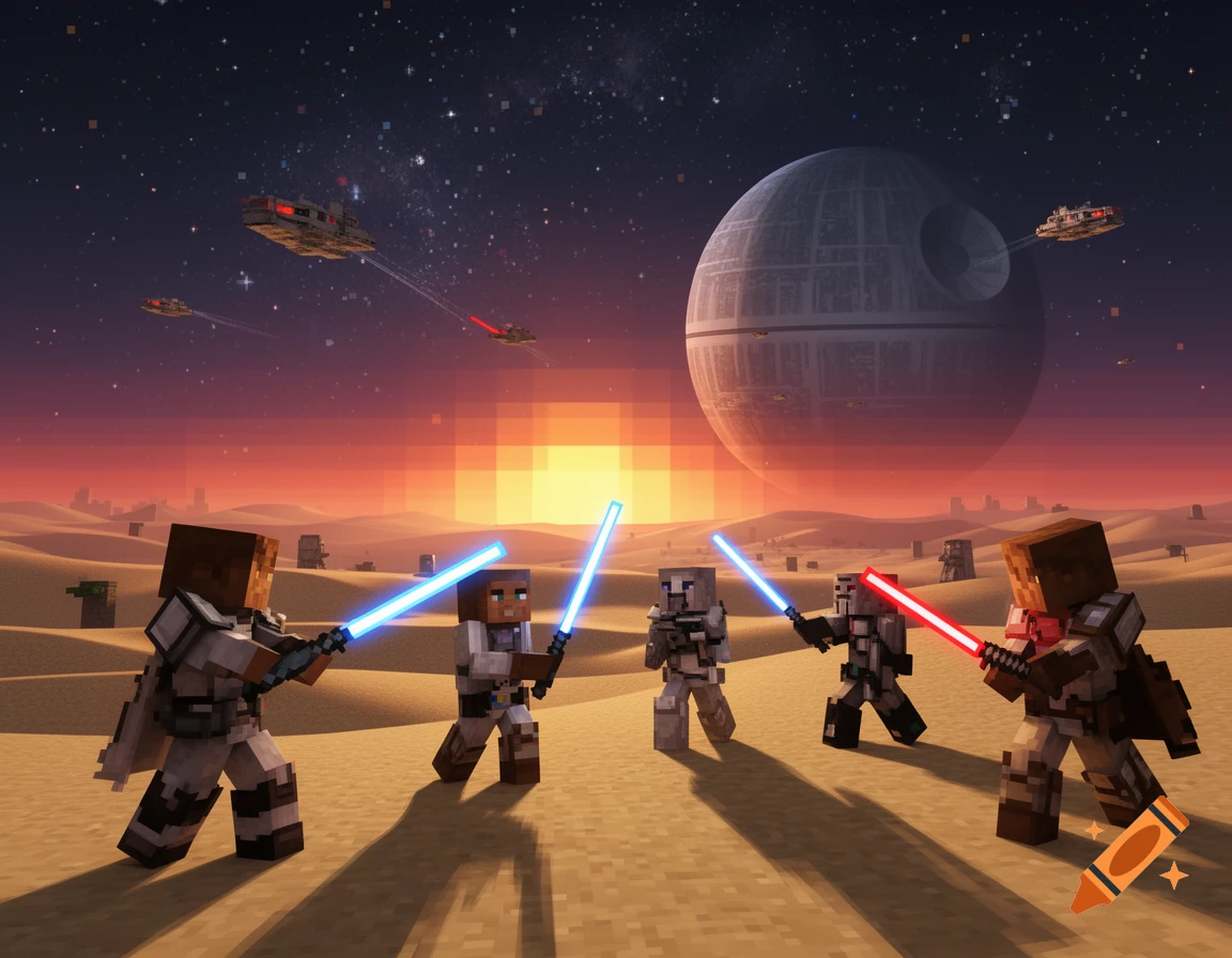 Minecraft-style characters wield lightsabers on a desert planet at sunset, with the Death Star and spaceships in the starry sky.