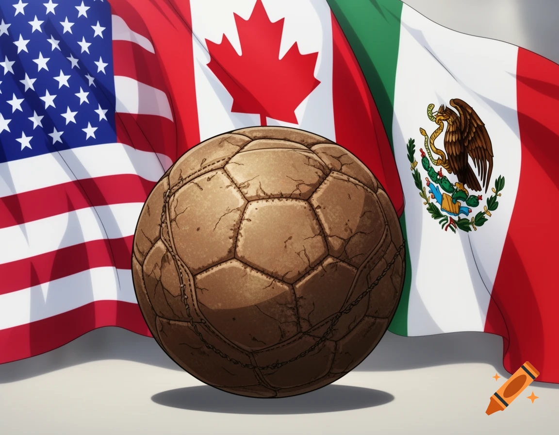 A vintage brown soccer ball in the foreground, with the American, Canadian, and Mexican flags waving in the background, in anime style.