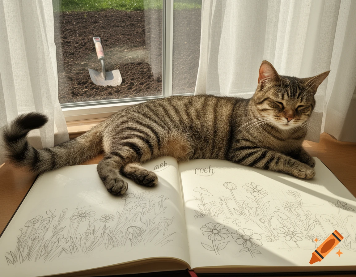 A tabby cat lies on an open sketchbook with flower drawings and "meh" written, by a window with a trowel in soil outside.