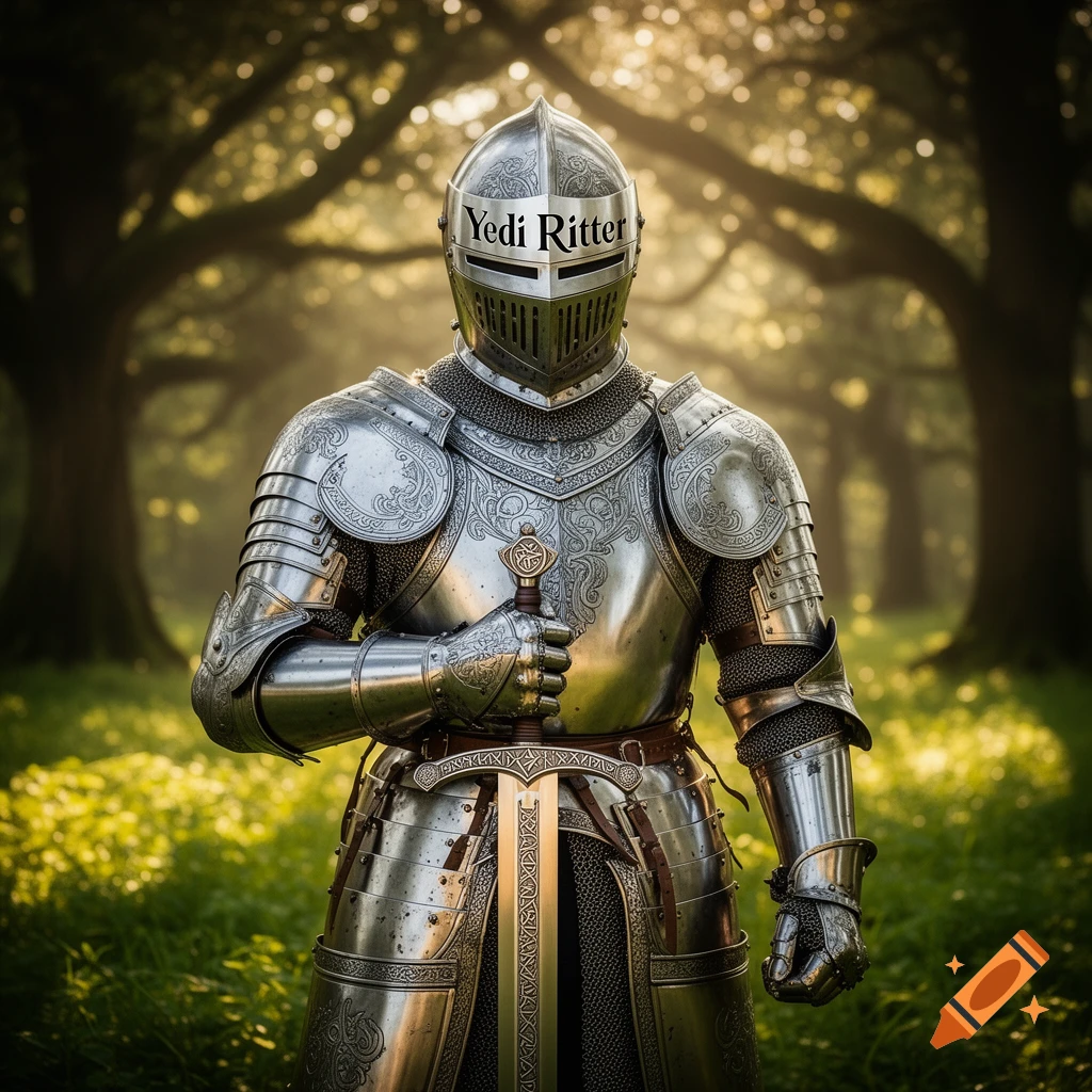 A knight in ornate silver armor stands in a sunlit forest, holding a sword. The helmet reads 'Yedi Ritter'.