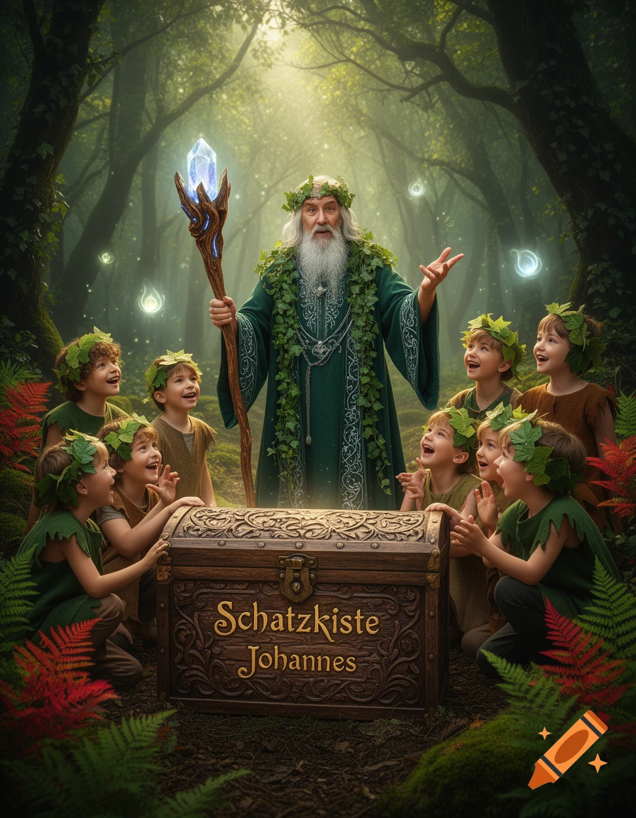 A wizard and children gathered around a treasure chest labeled "Schatzkiste Johannes" in an enchanted forest, digital painting.