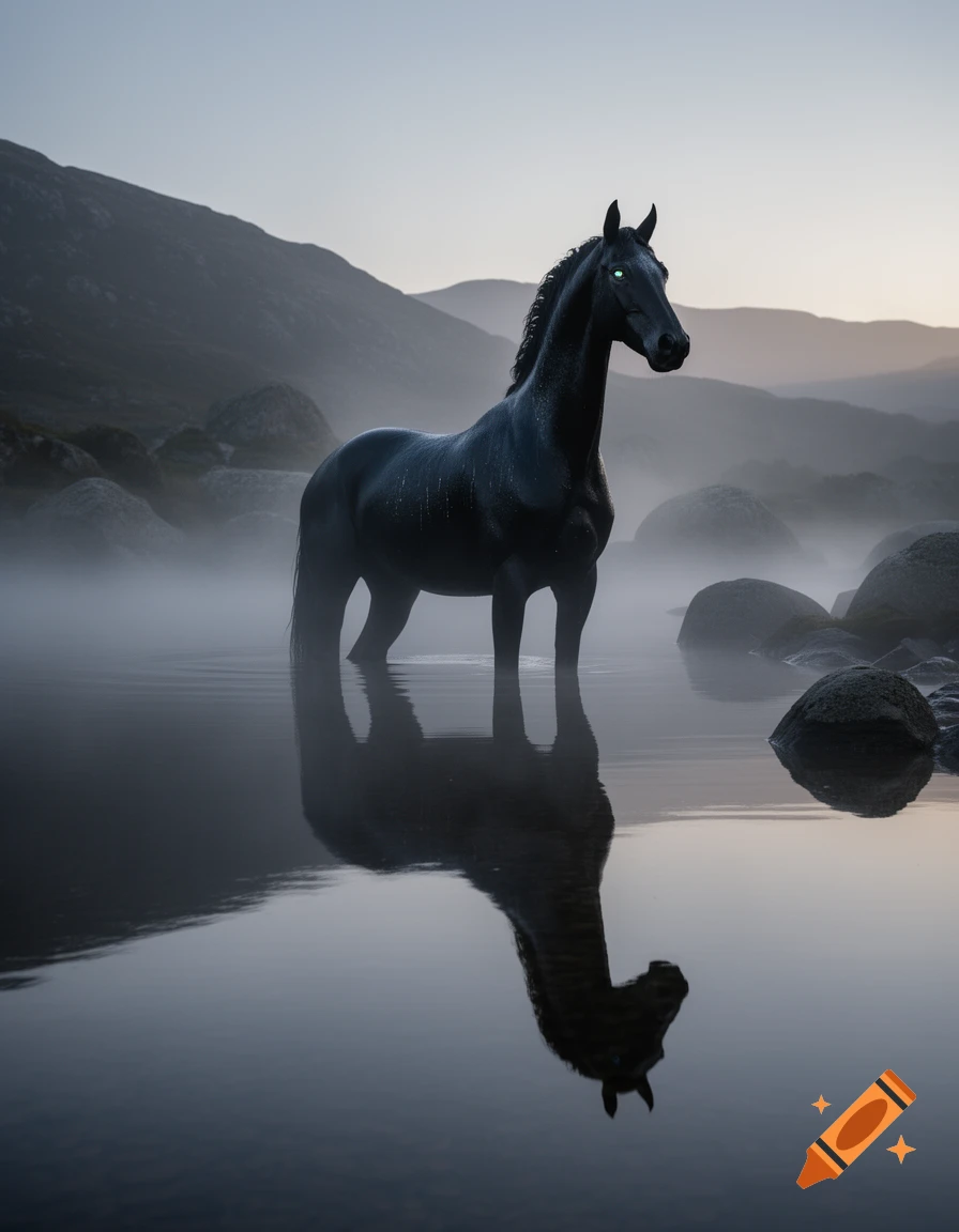 A majestic black kelpie with glowing green eyes stands in misty water, reflecting clearly, with dark mountains at dusk.