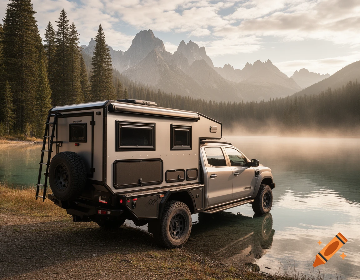 Photorealistic image of a gray truck with a mounted camper parked by a misty mountain lake surrounded by pine trees.