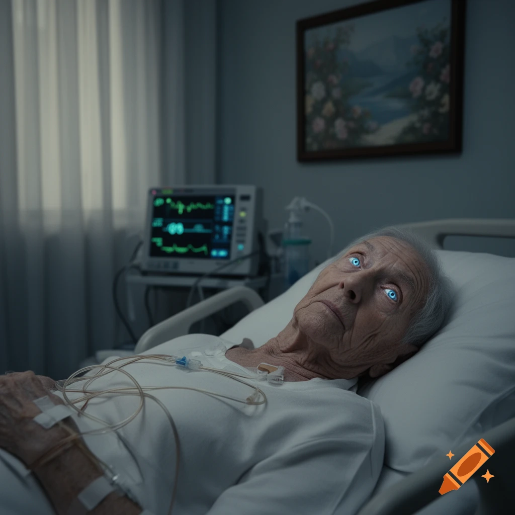 An elderly person with glowing blue eyes lies in a hospital bed, hooked up to an IV, with a medical monitor in the background.
