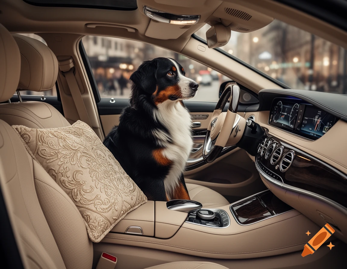 A Bernese Mountain Dog sits in the driver's seat of a luxurious tan Mercedes S-Class car, looking out the front window. A decorative pillow rests on the passenger seat.