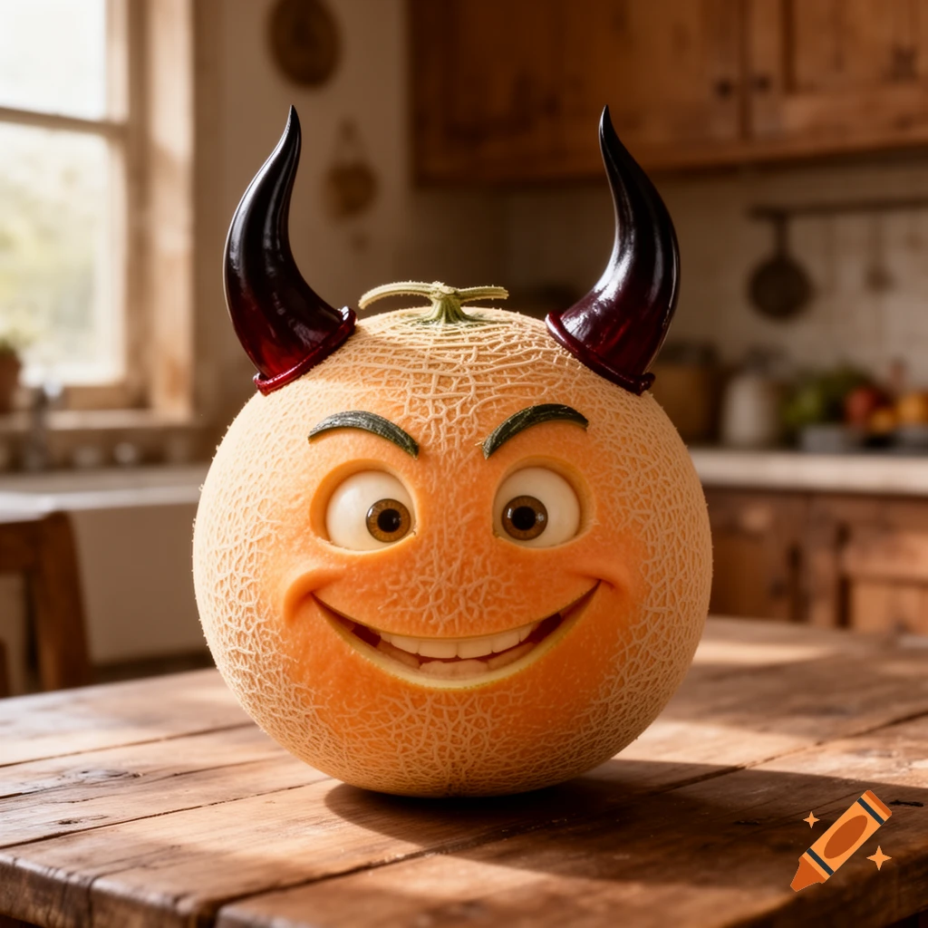 A cantaloupe fruit with a grinning devil face and black horns sits on a wooden table in a sunlit kitchen.
