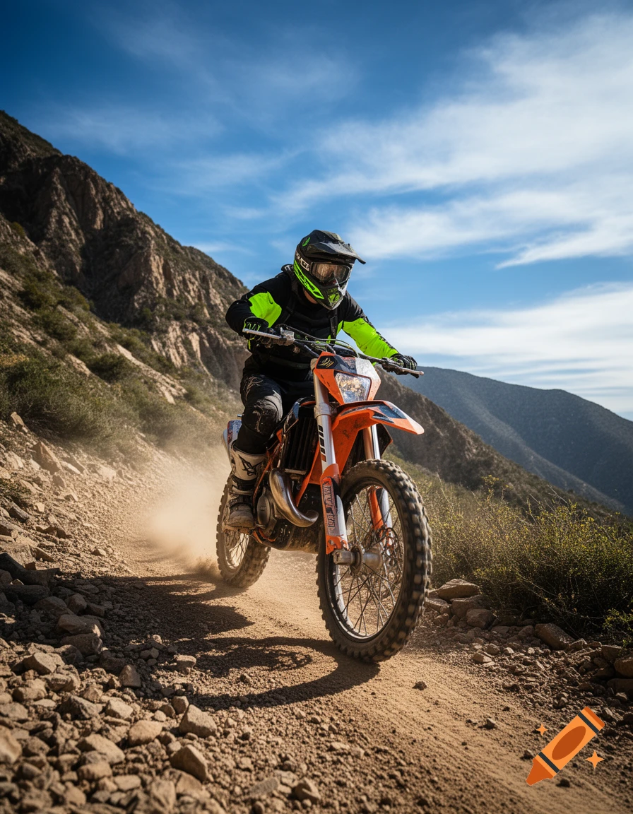 A person in a helmet and bright green gear rides an orange dirt bike on a dusty mountain trail under a blue sky.