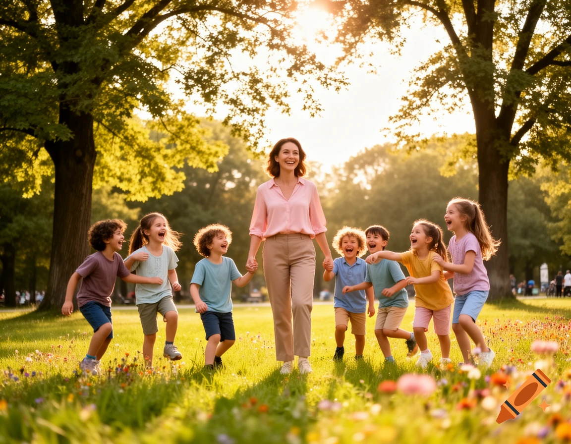 A happy woman and several children run and laugh through a sunny park filled with flowers.