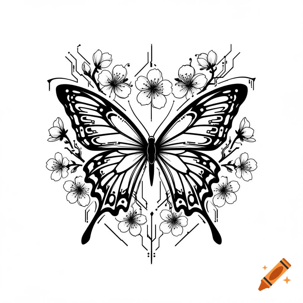 Black and white line art of a stylized butterfly with cherry blossoms and cybernetic patterns in a symmetrical tattoo design.