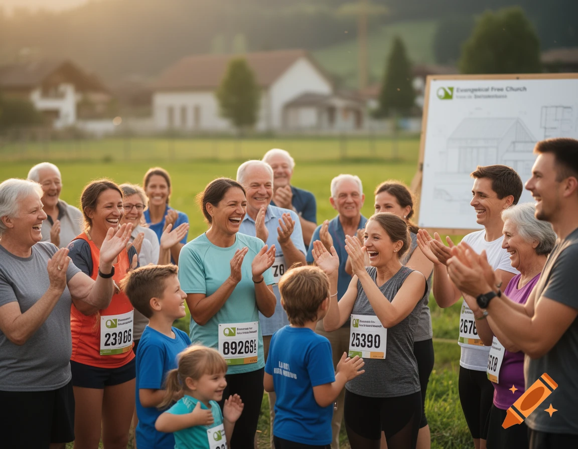 A diverse group of happy people of all ages, including children and seniors, clap and smile outdoors during an event at sunset. A sign with church details and architectural plans is in the background, and some participants wear race bibs.
