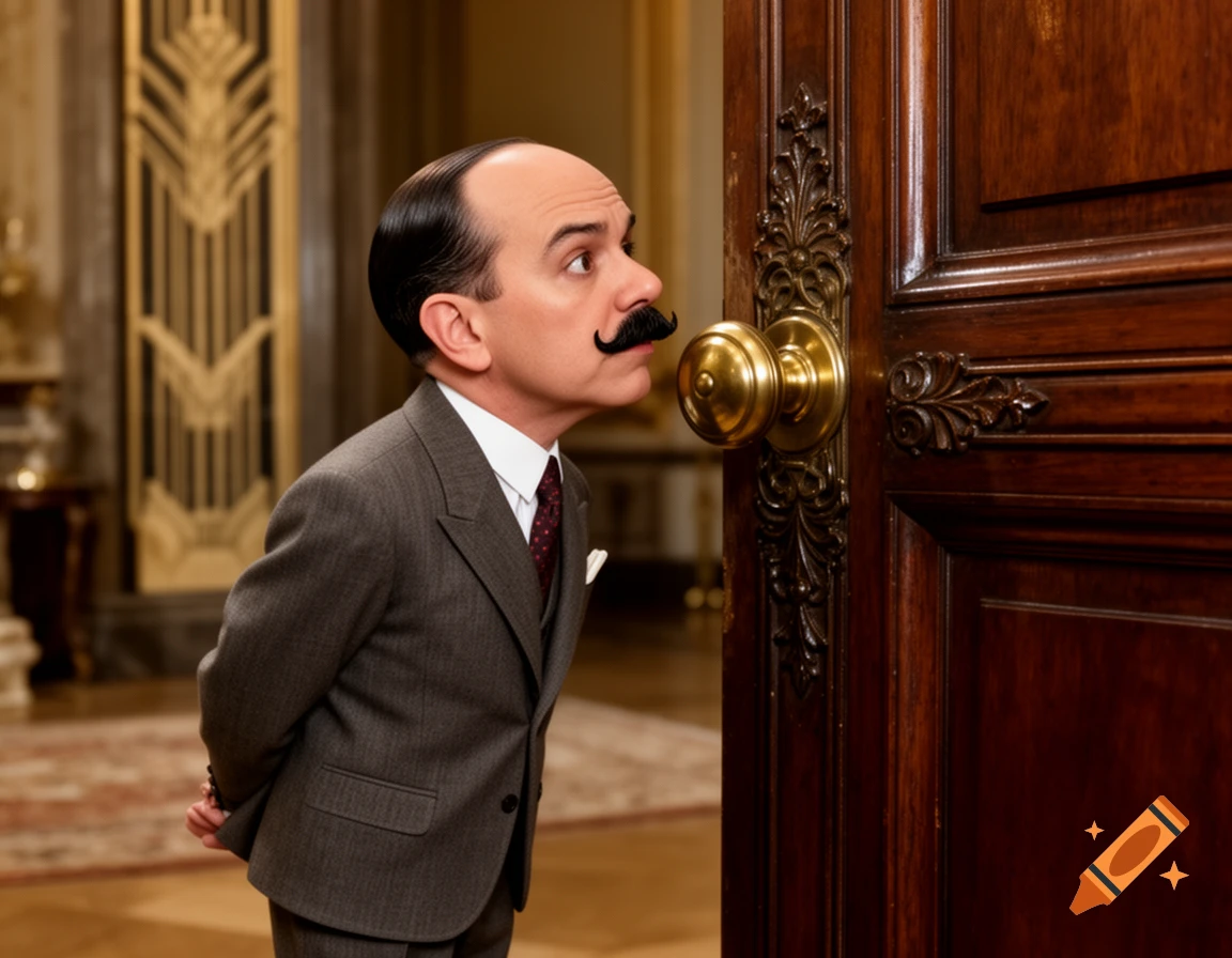 A very short man resembling Hercule Poirot in a suit and mustache peers up at a brass doorknob on a wooden door.