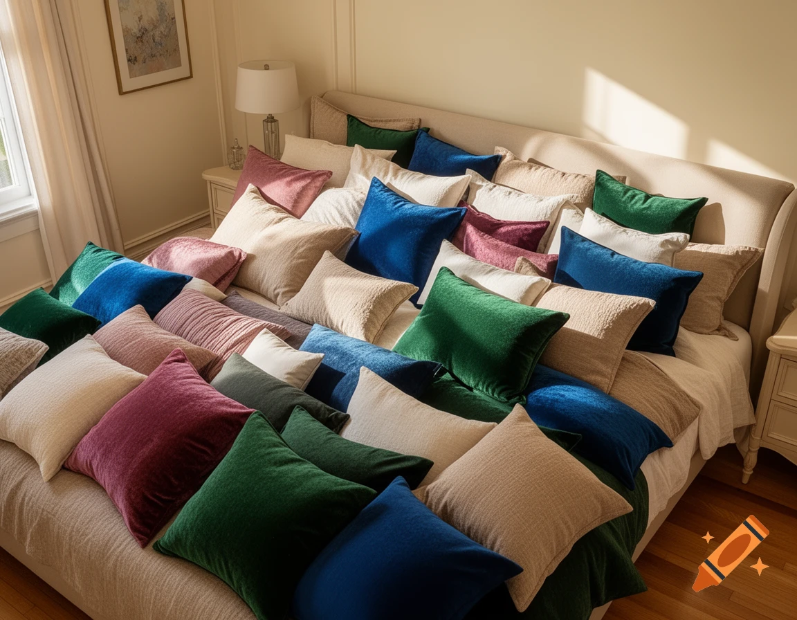 A bed entirely covered in many colorful throw pillows, with sunlight streaming into a cozy bedroom.