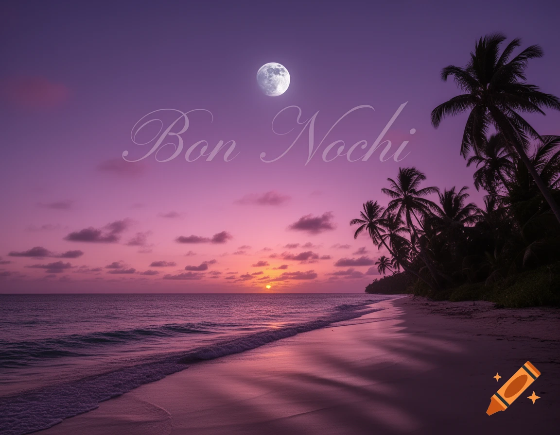 A tropical beach at sunset with pink and purple skies, a full moon, silhouetted palm trees, and 'Bon Nochi' text.