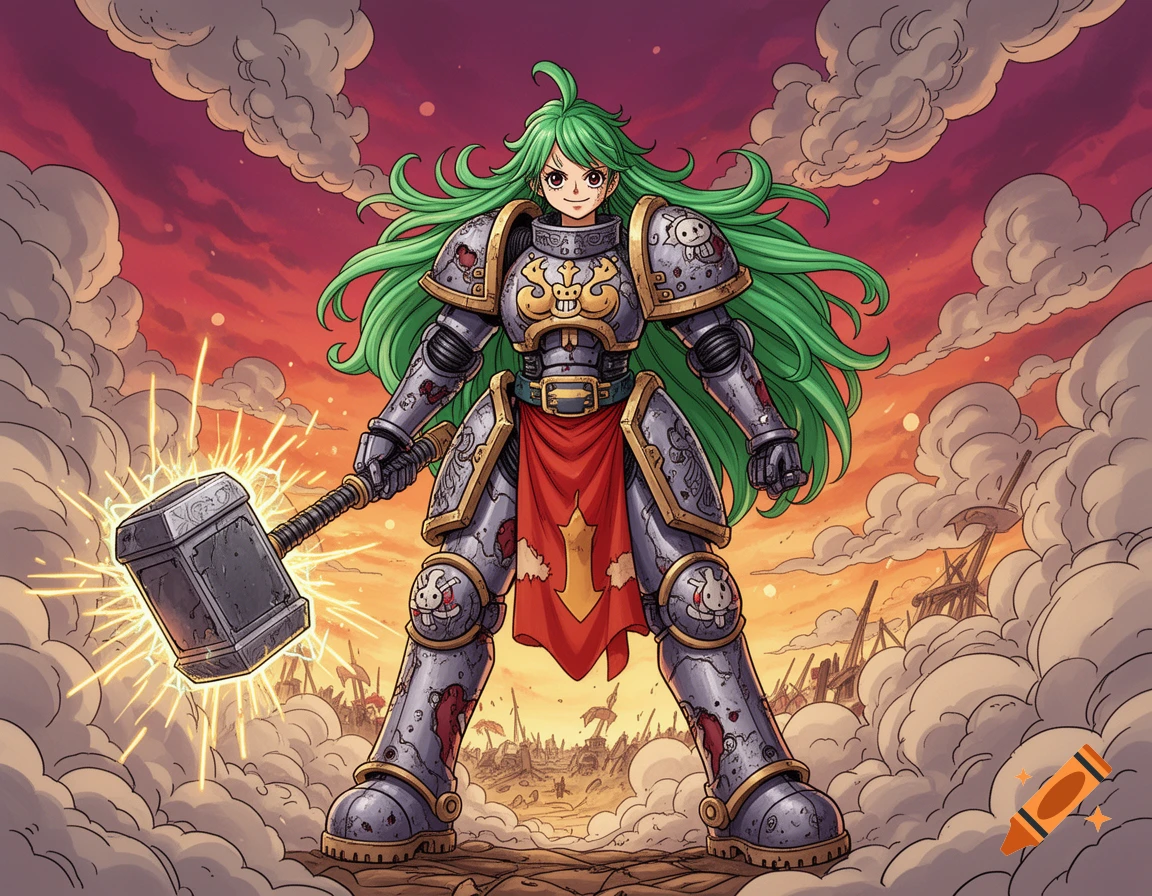 An anime-style female warrior with long green hair in power armor holds a glowing warhammer amidst a destroyed landscape under a cloudy red sky.