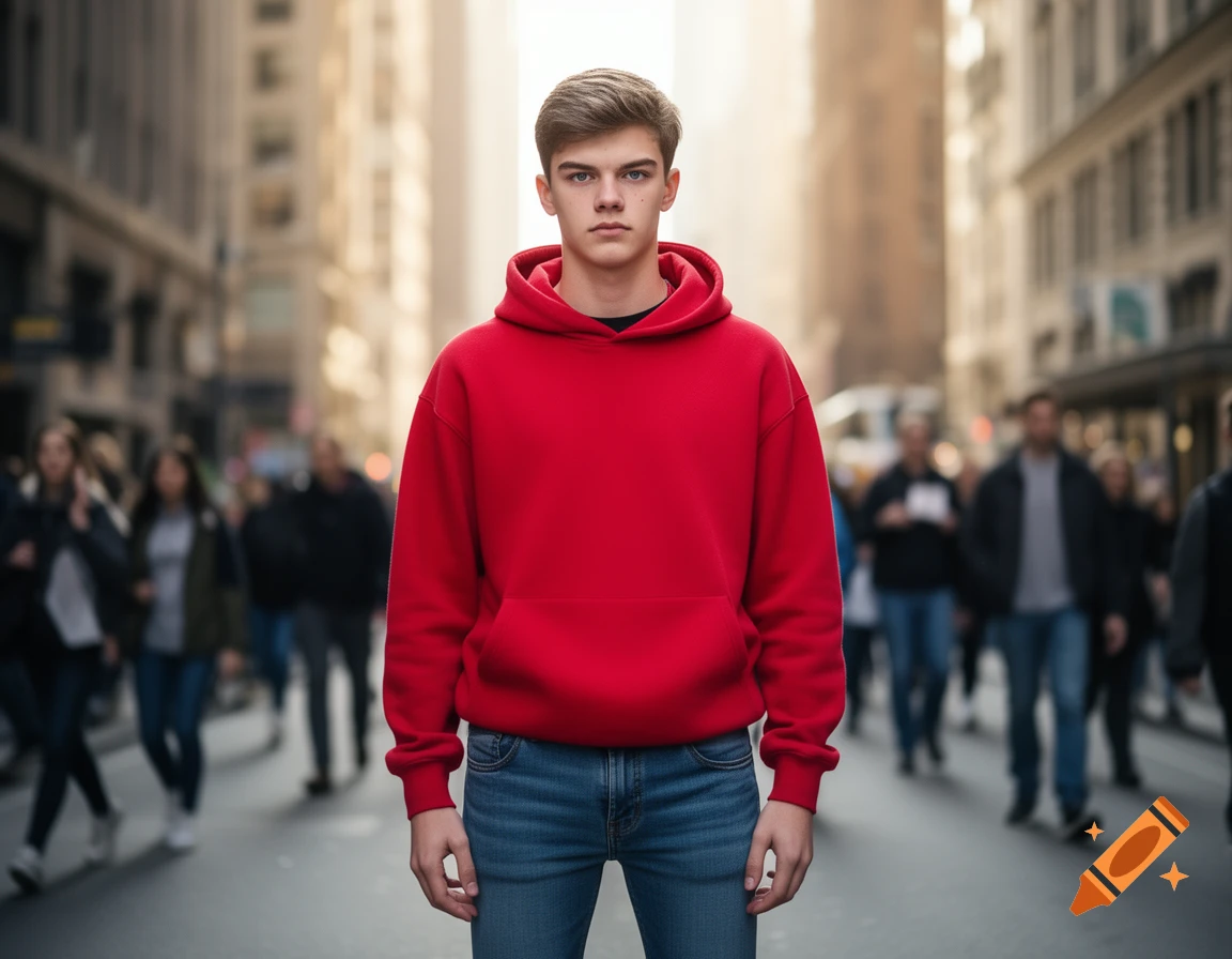 A young man in a red hoodie and jeans stands confidently in the middle of a blurred city street.