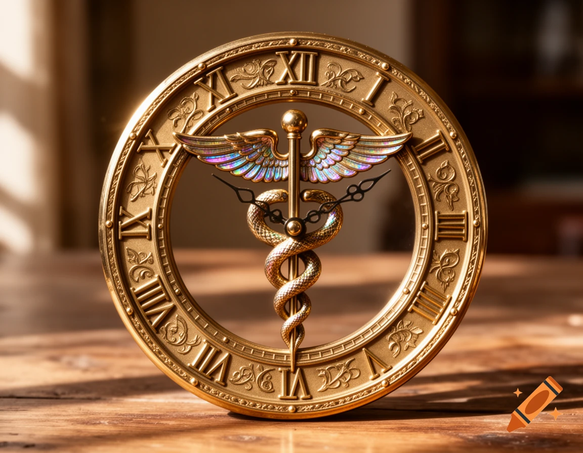 A golden, ornate clock with a multicolored caduceus symbol at its center, standing on a wooden surface with warm lighting.