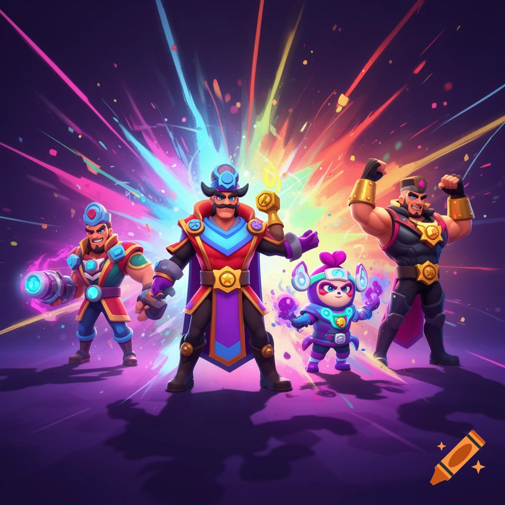 Four colorful, stylized cartoon characters, three human-like and one small creature, stand against a vibrant, exploding background with radial light rays.