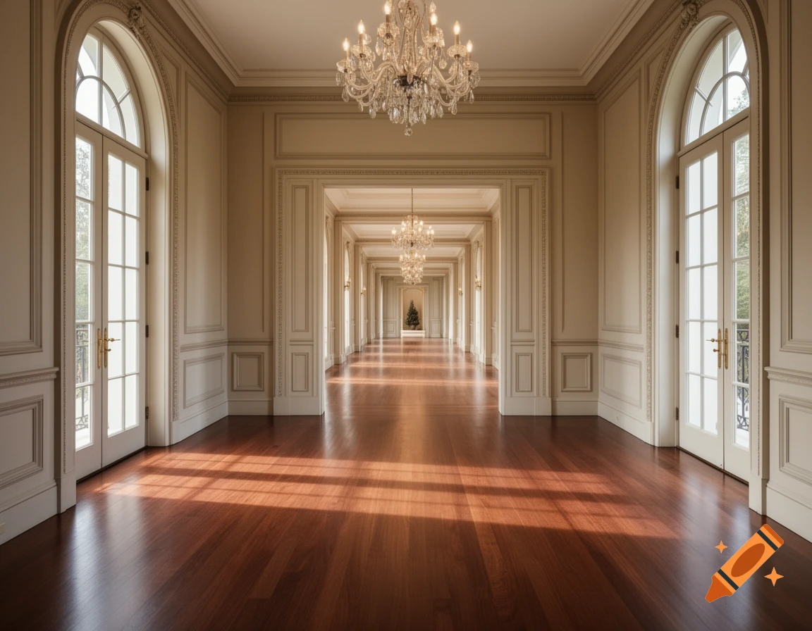 A grand, sunlit hallway in an opulent house with a mahogany floor, arched windows, and multiple crystal chandeliers.