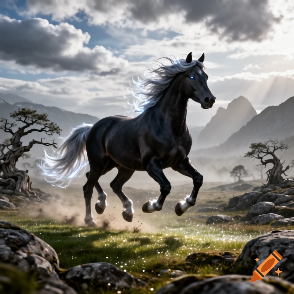 A majestic black horse with a glowing white mane, tail, and blue eyes gallops through a sparkling, mystical landscape with mountains.
