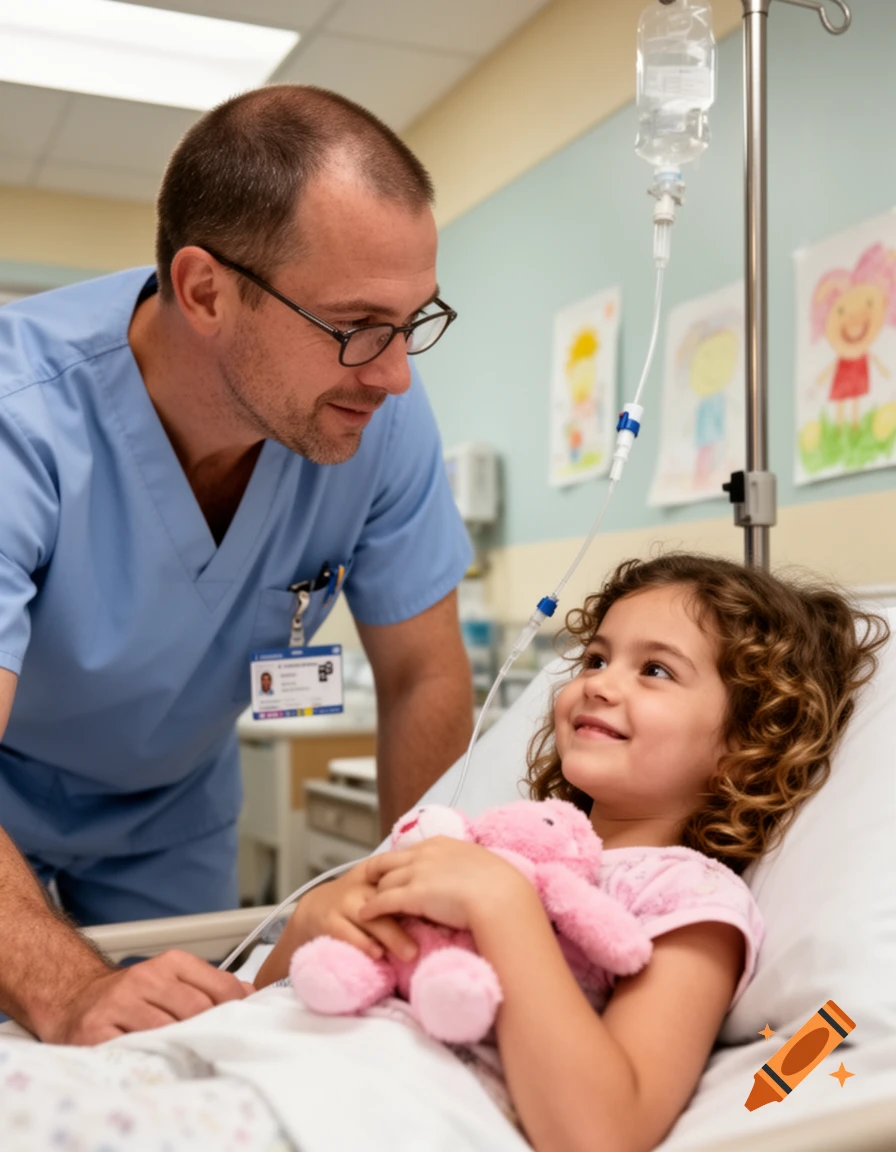A kind male doctor in blue scrubs leans over a smiling young girl with an IV, holding a pink teddy bear in a hospital room.