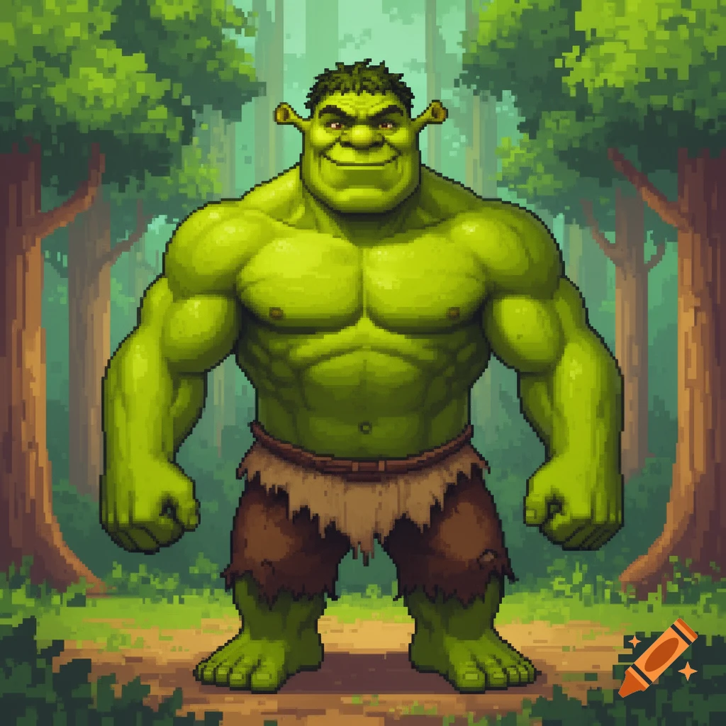 A muscular, green Shrek-Hulk character with short hair and torn brown pants stands in a pixel art forest.