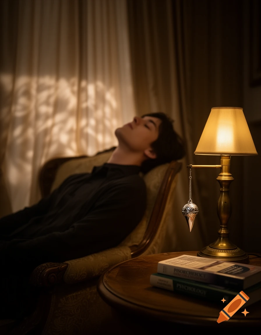 A person with closed eyes reclines in a chair in a dimly lit, vintage-style room. A pendulum hangs from an ornate lamp next to a stack of books on a wooden table.