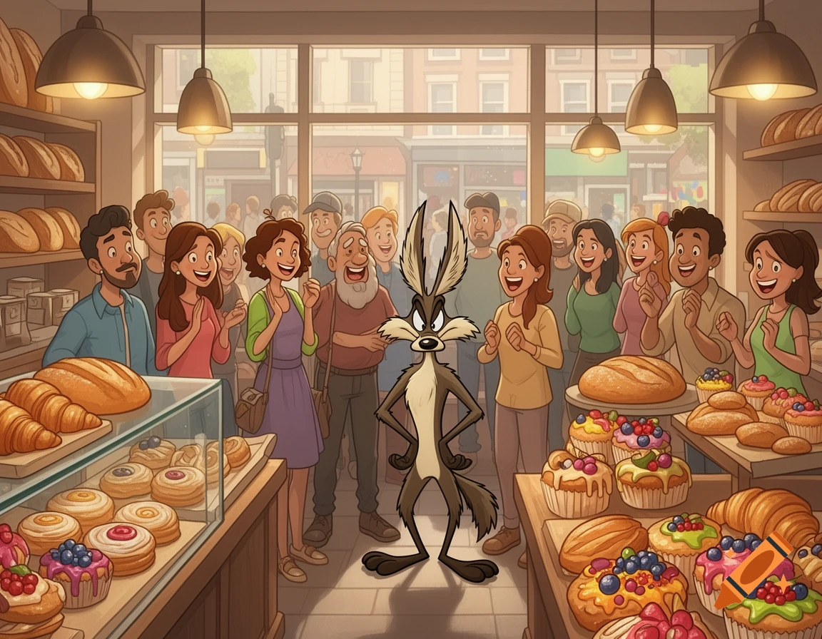 Wile E. Coyote stands in a busy cartoon bakery filled with happy customers and various baked goods.