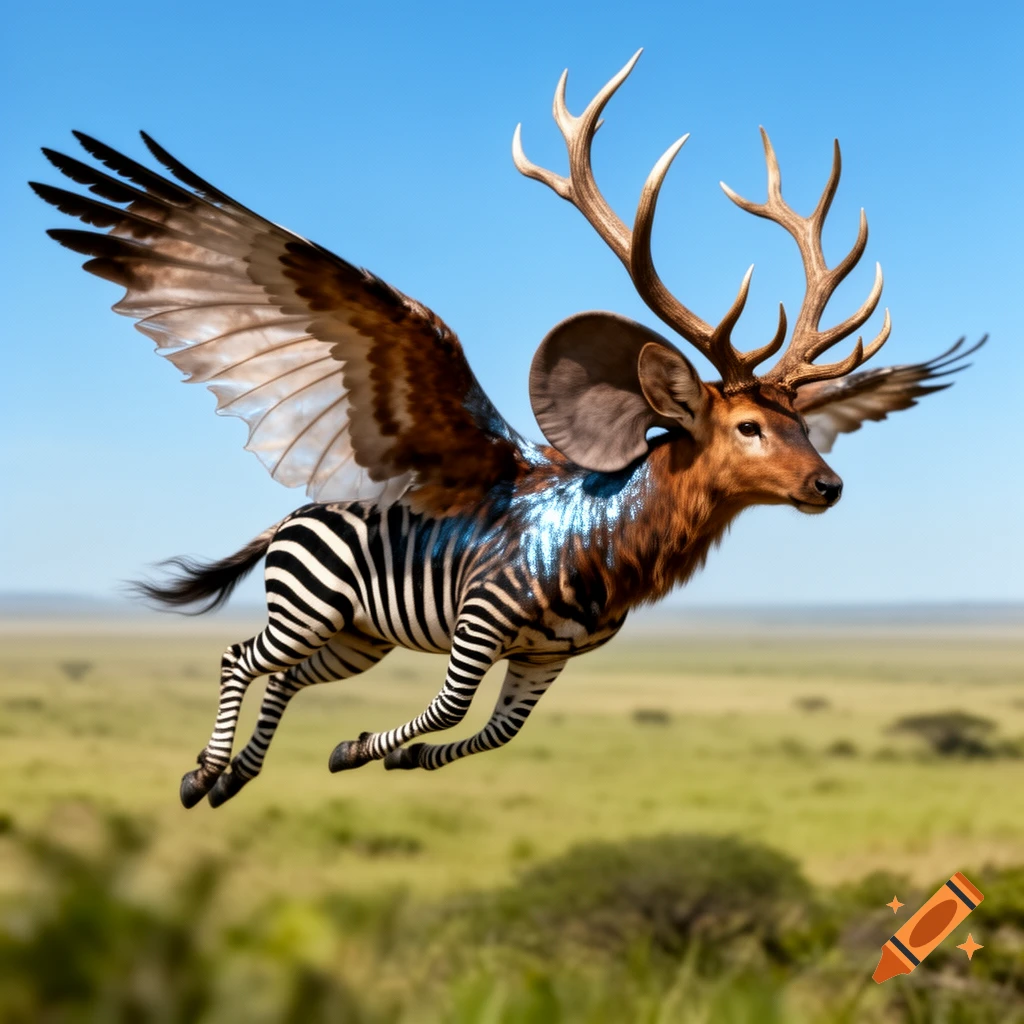 A fantastic flying hybrid creature with elk horns, elephant ears, a zebra-striped body, and large feathered wings soars over a green savanna under a clear blue sky.