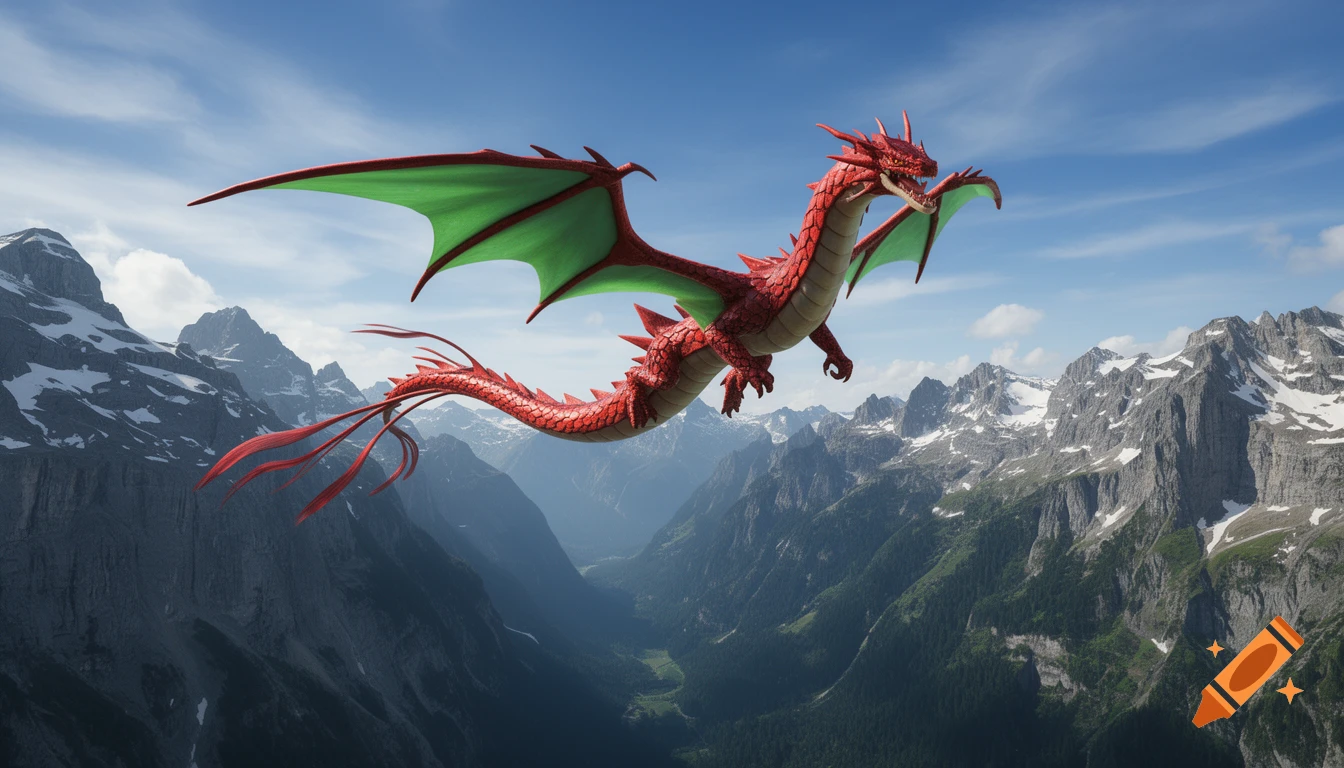 A vibrant red dragon with green wings soars through a clear blue sky over a majestic, snow-capped mountainous valley.