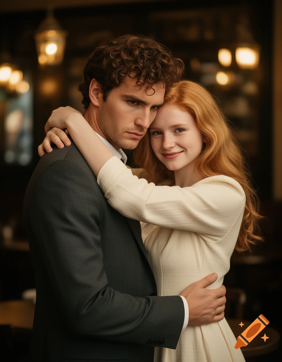 A man with curly brown hair and a woman with strawberry-blonde hair embrace in a warm, photorealistic portrait.