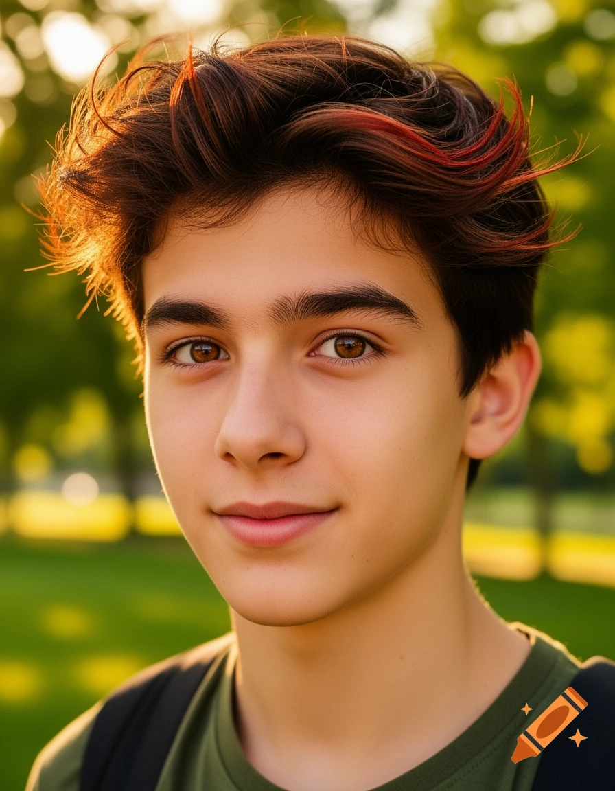 Close-up photorealistic portrait of a smiling young man with dark brown hair with reddish highlights and bright brown eyes, outdoors.