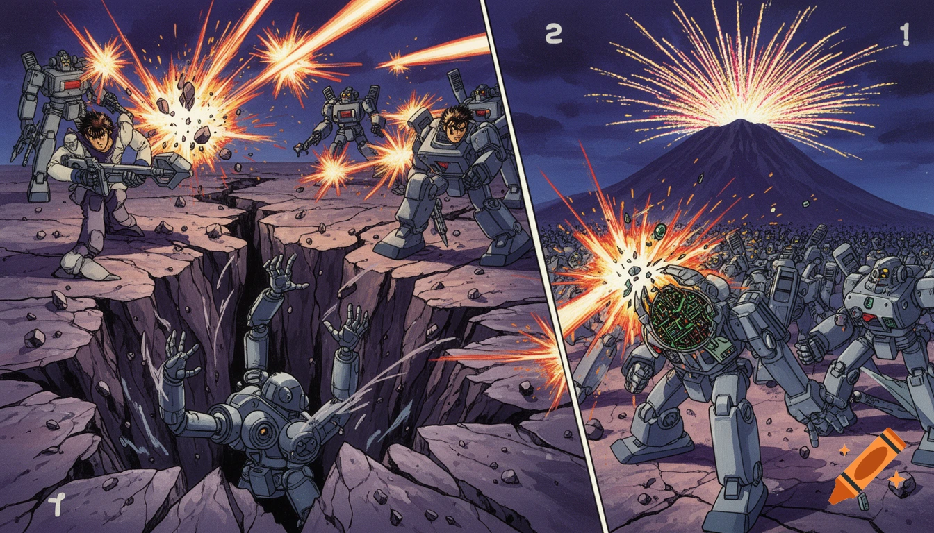 80s anime-style multi-panel art shows a man and robots battling on cracked ground with explosions, a robot head exploding near a mountain.